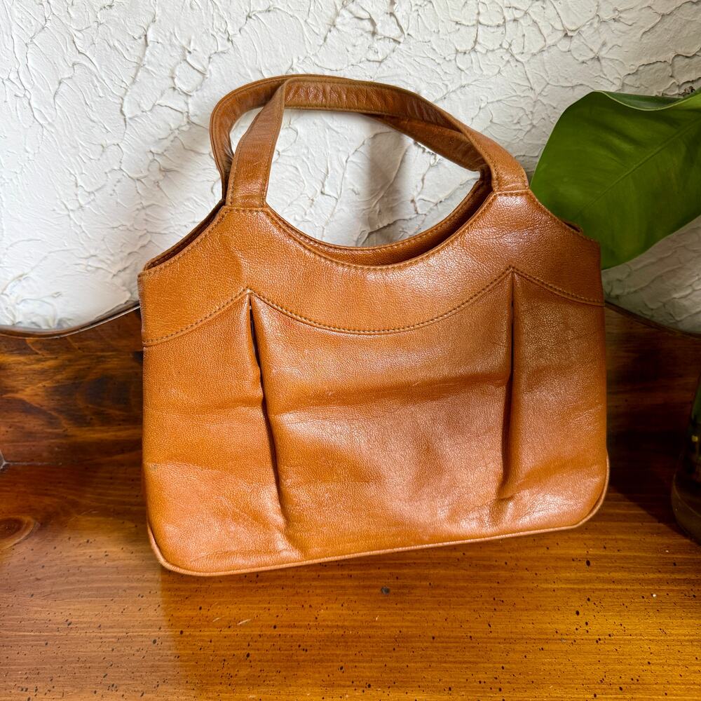 Vintage 60s 70s Tan Top Handle Handbag Structured Mod Purse Caramel Brown Frame